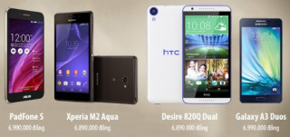 So sánh cấu hình Android giá 7 triệu: PadFone S - Xperia M2 Aqua - Desire 820Q Dual - Galaxy A3 Duos