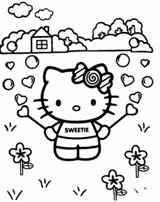 Tranh tô màu ‘Mèo Kitty giữa vườn hoa’