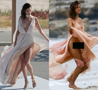 Thiên thần nội y lại bị gió lùa tung váy trên biển