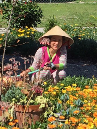 Danh hài Thúy Nga đội nắng chăm sóc vườn hoa