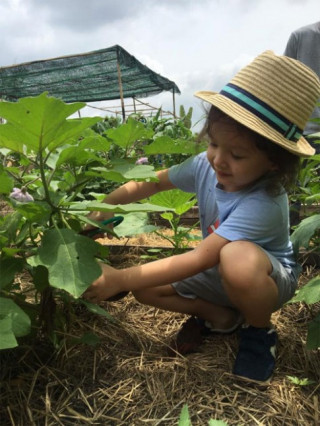 Hai con Hồng Nhung thích thú khám phá công việc làm vườn