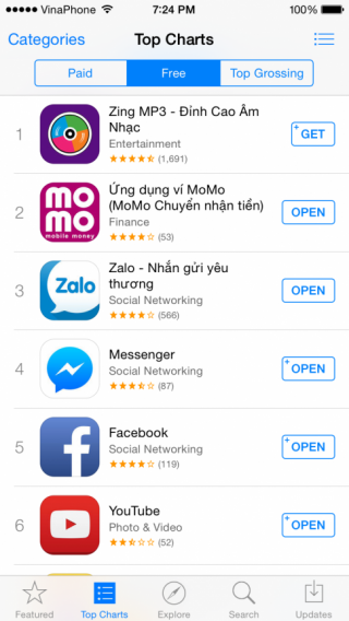 MoMo vươn lên vị trí thứ 2 ứng dụng miễn phí trên AppStore VN