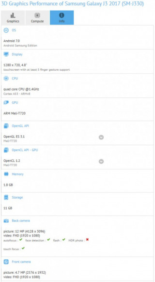 Galaxy J3 (2017) lộ toàn bộ cấu hình trên GFX Bench