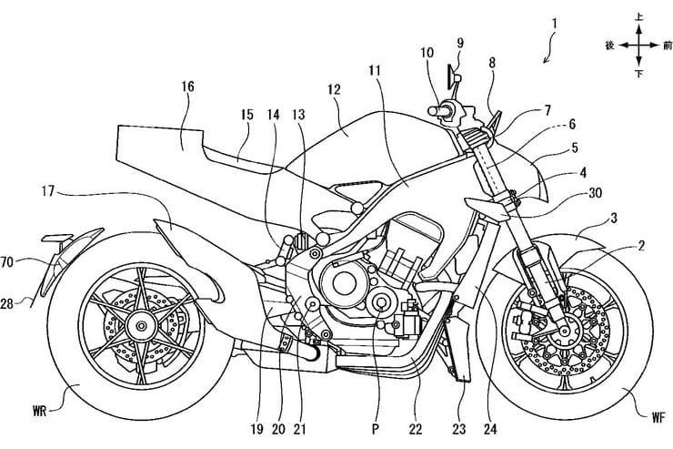 Lộ diện bằng sáng chế Honda CB1000R 2024 với khung, động cơ, cánh gió mới