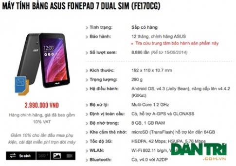 Tablet Asus 2 sim, 3G giá Shock dưới 3 triệu đồng