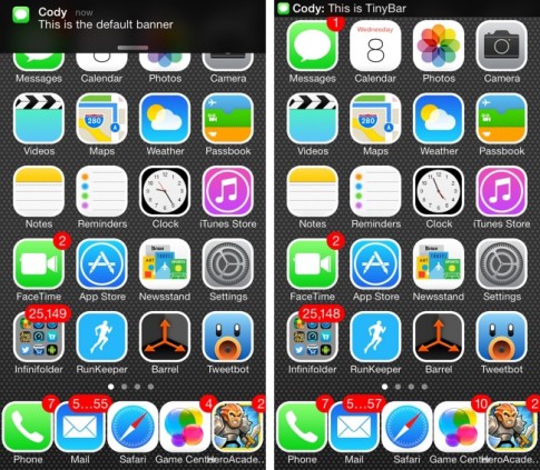 Tweak Tiny Bar: Thu nhỏ kích cỡ Banner Notification trên iOS 7