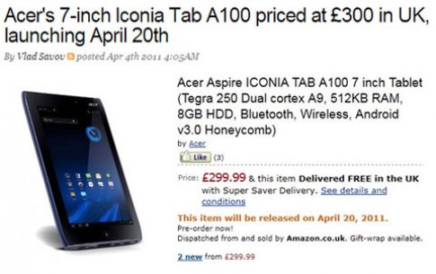 Acer Iconia Tab 7 inch giá 483 USD tại Anh