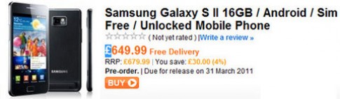 Galaxy S II cho đặt hàng với giá trên 1.000 USD