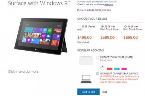 Máy tính bảng Surface RT giá 499 USD hết hàng