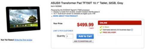 Transformer Prime TF700T giá 499,99 USD tại Mỹ