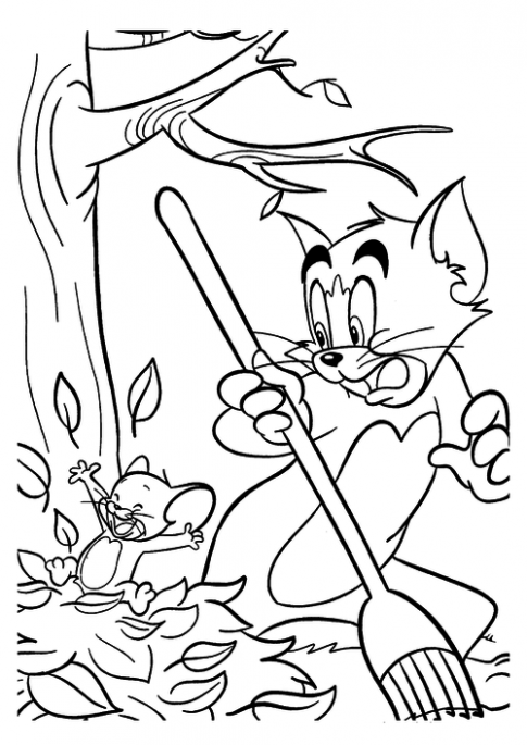 Tranh tô màu ‘Tom và Jerry quét lá’