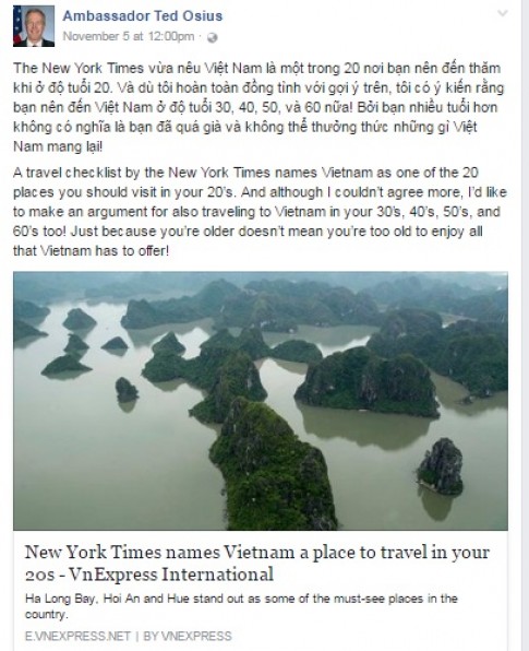 Đại sứ Mỹ mời gọi du khách mọi lứa tuổi đến Việt Nam	