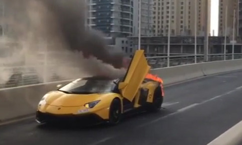  Lamborghini Aventador SV mui trần cháy rụi trên đường 